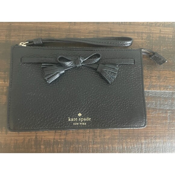 Kate Spade Black Pebbled Leather Small Zip Wristlet Pouch with Bow on Strap - Picture 1 of 4